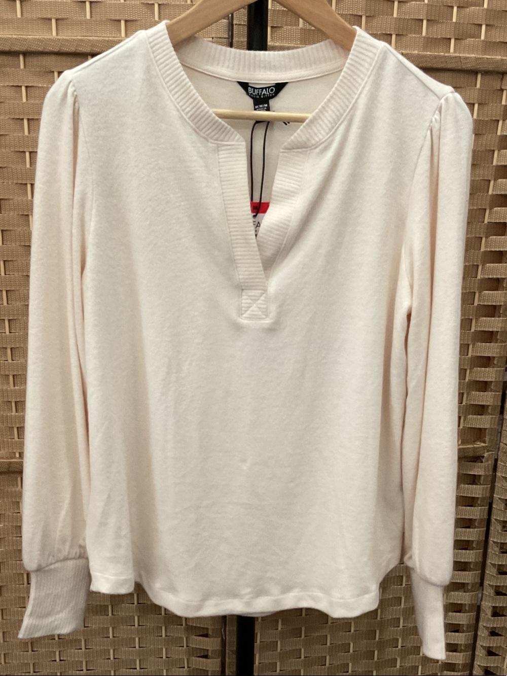 Buffalo David Bitton Women's Light Cream Long Sleeve V-Notch Top